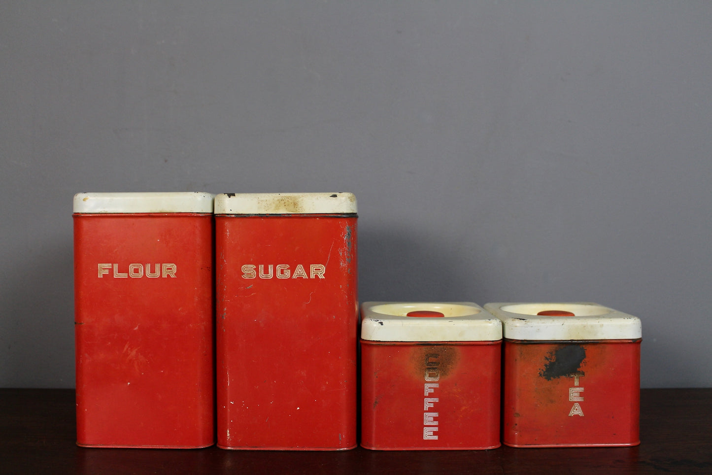Set Of 4 Red Metal Kitchen Canisters