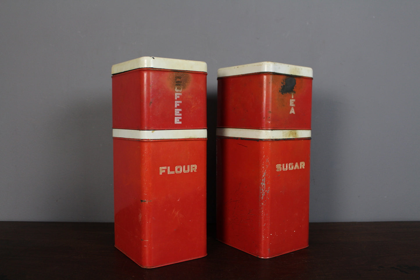 Set Of 4 Red Metal Kitchen Canisters