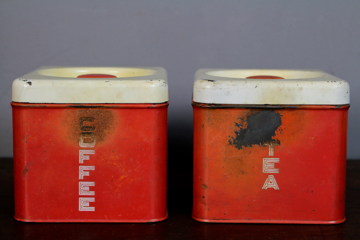Set Of 4 Red Metal Kitchen Canisters