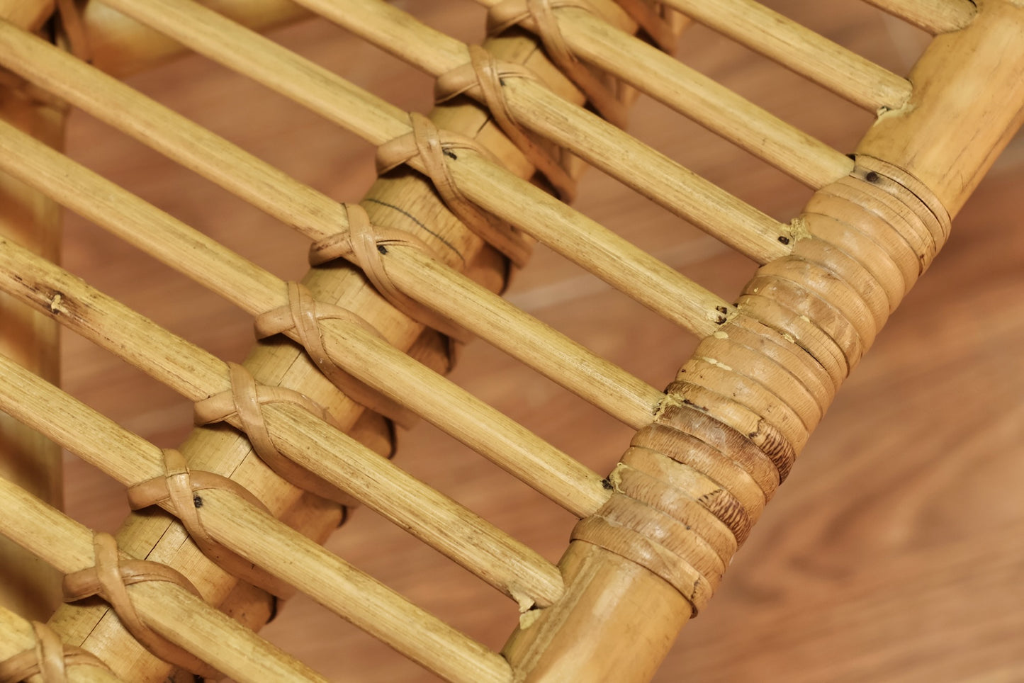 Small Blonde Rattan Curved Bench