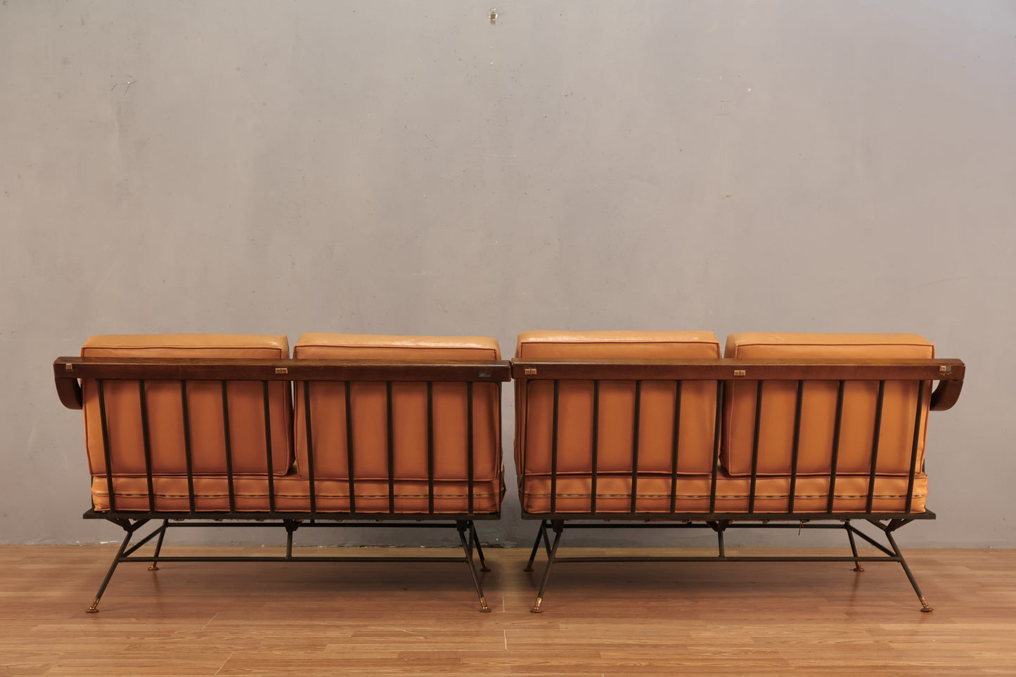 Mid Century Apricot Vinyl & Iron 2-Piece Sofa