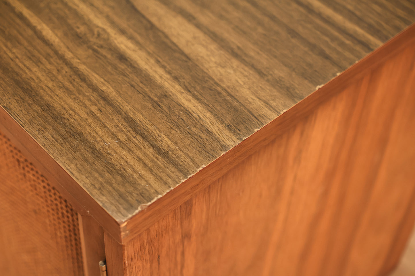 Mid Century Walnut & Cane 2-Door Cabinet - ONLINE ONLY