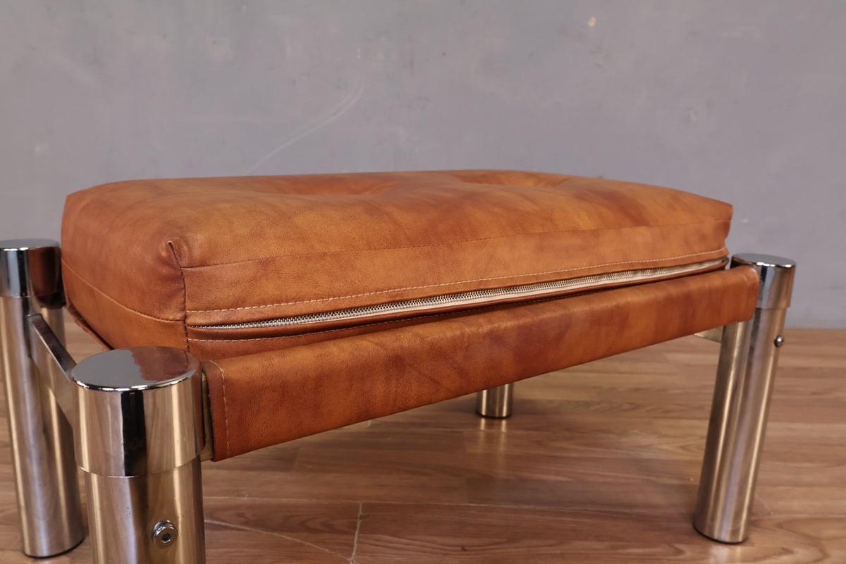 Caramel Vinyl & Chrome Ottoman