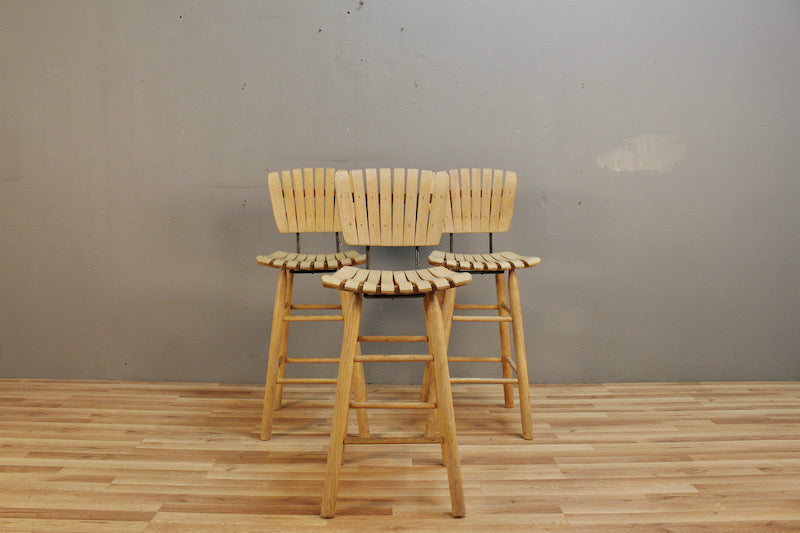 Retro Green and Wooden Bar Stool Slat Back Mid Century