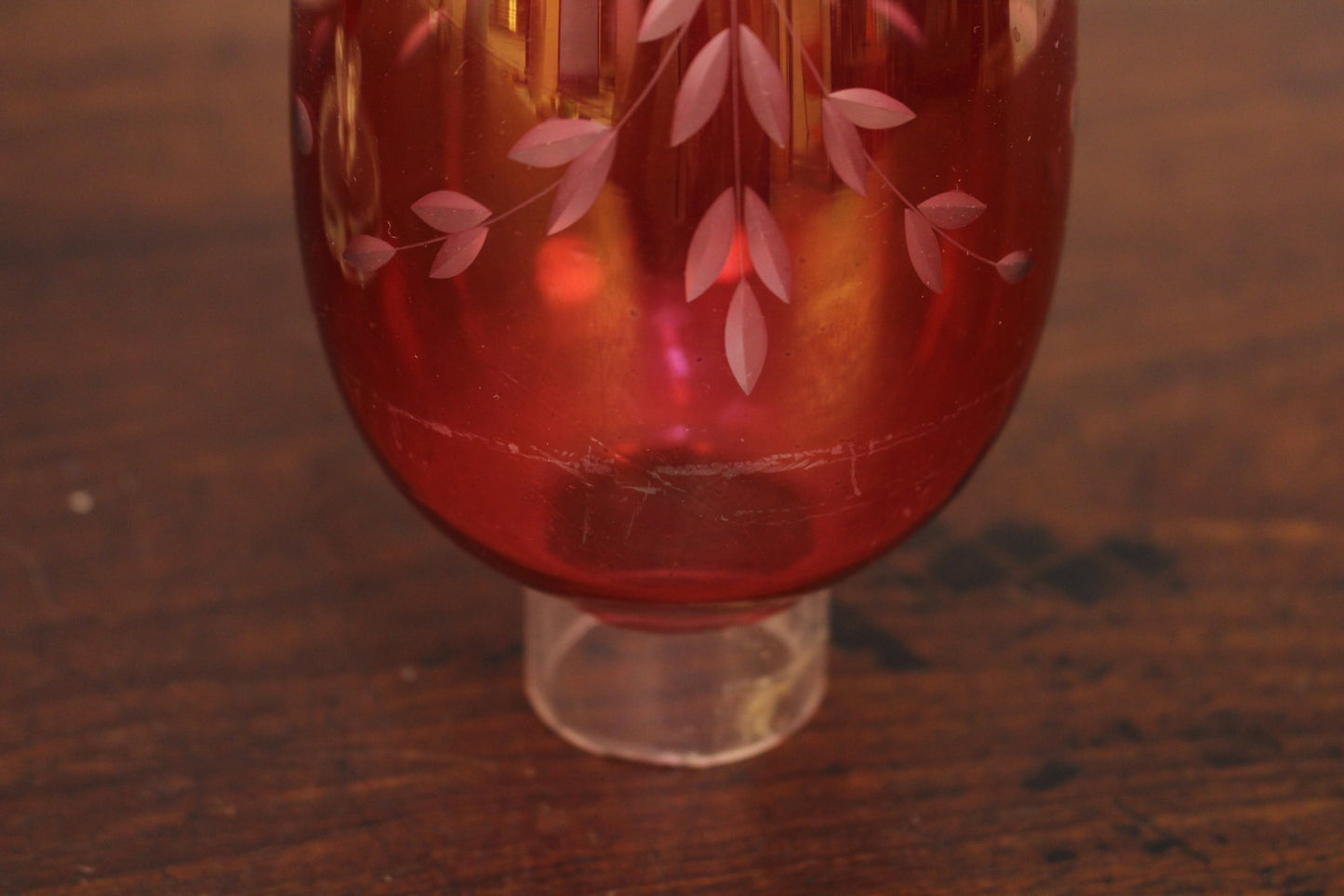 Pair of Cranberry Etched Hurricane Lamps