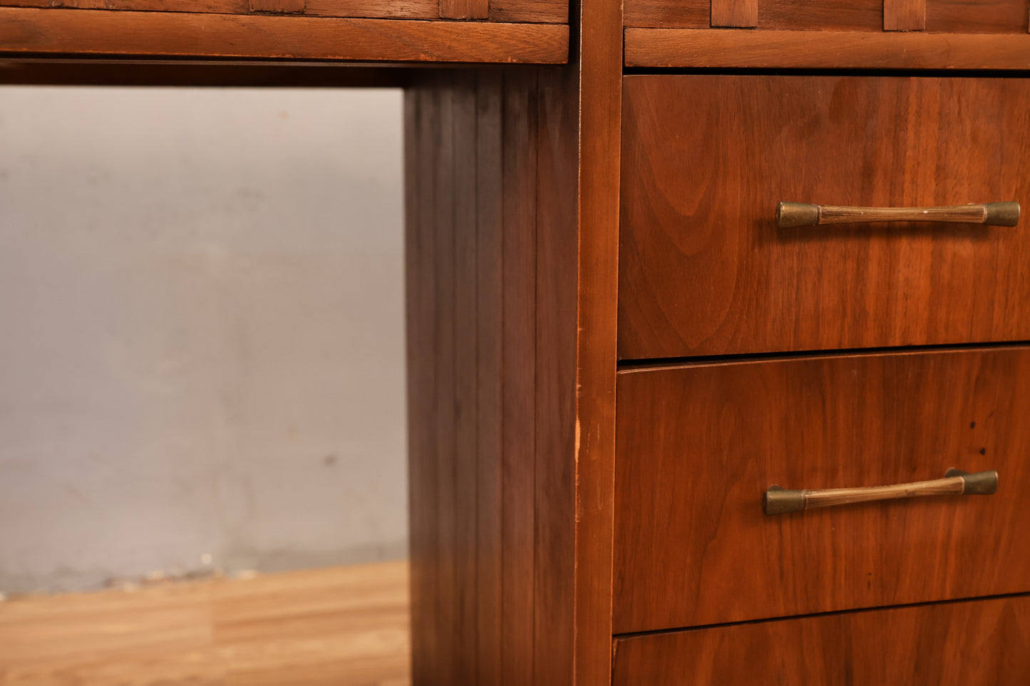 Mid Century Walnut & Lattice 9-Drawer Desk