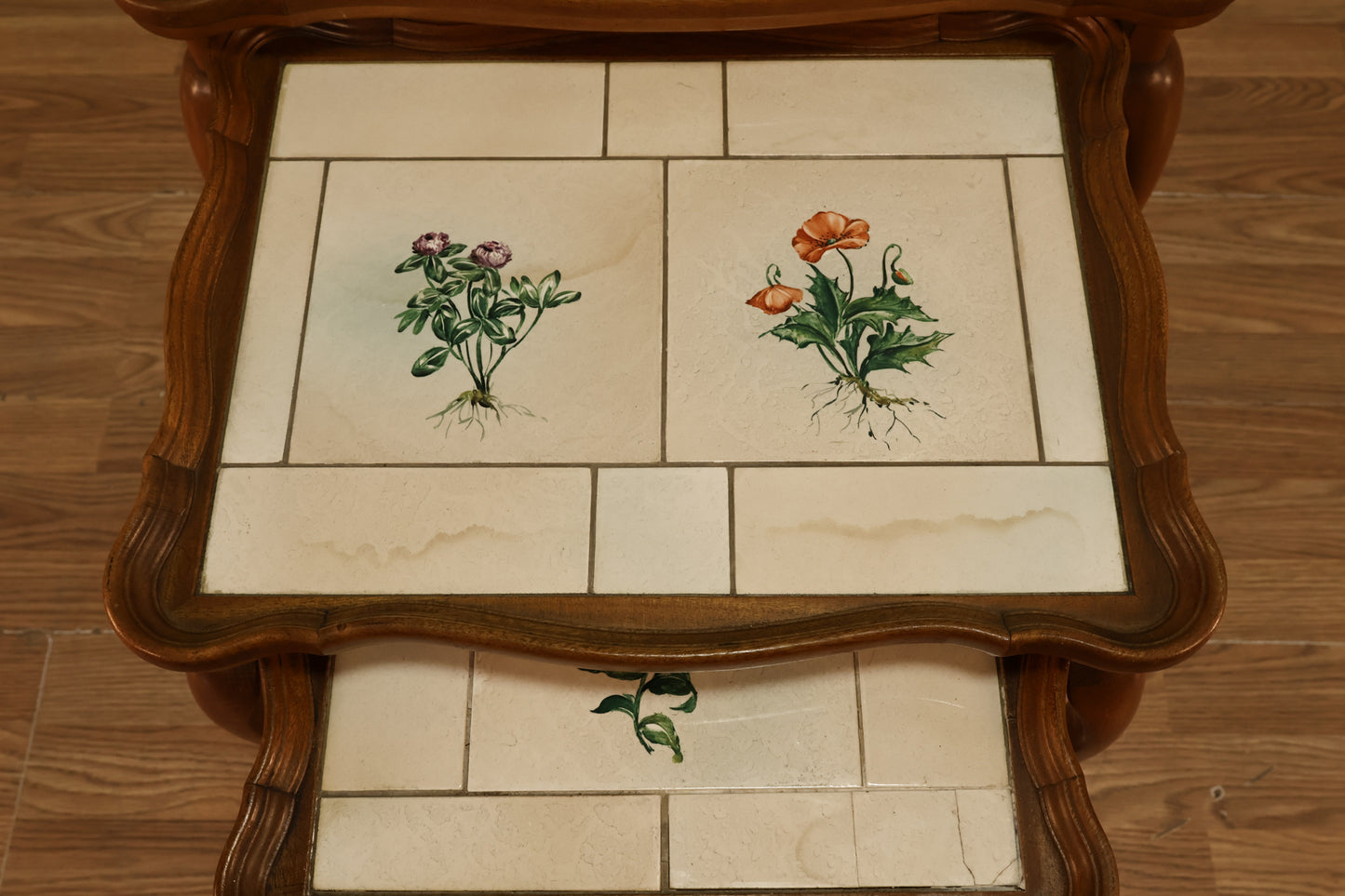 Trio of Provincial Wood & Floral Tile Nesting Tables