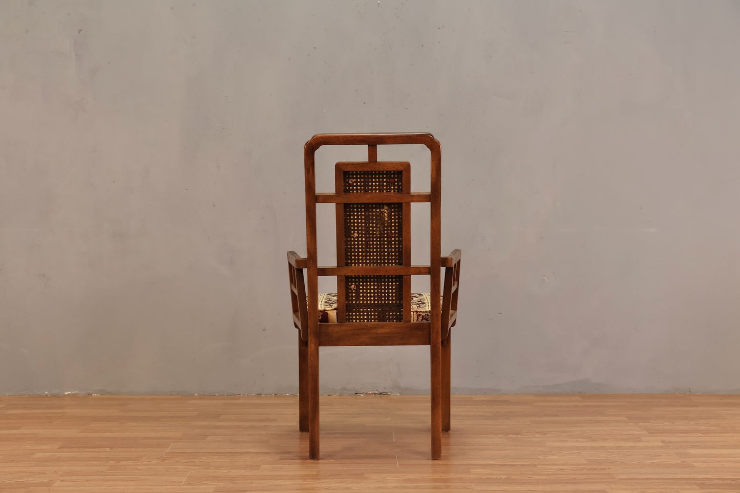 Chinoiserie-Style Walnut & Damask Armchair