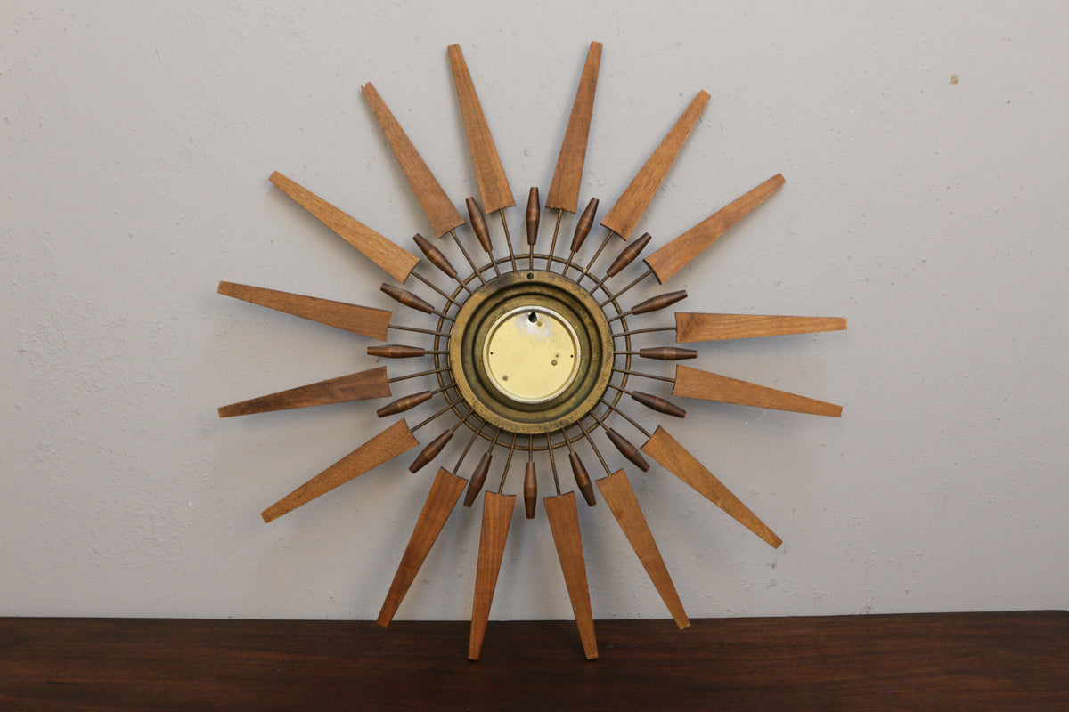 Mid Century Walnut & Brass Starburst Wall Clock