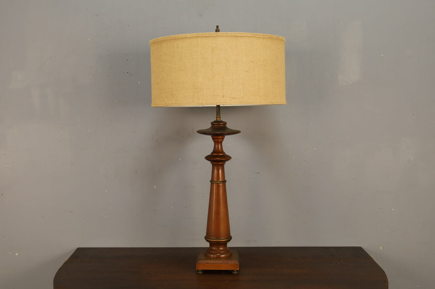 Turned Wood & Burlap Table Lamp