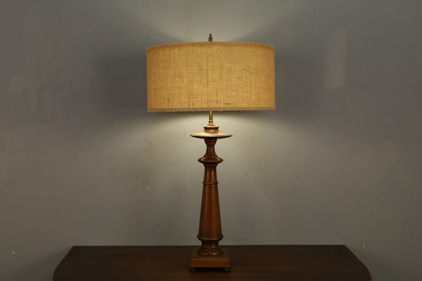 Turned Wood & Burlap Table Lamp