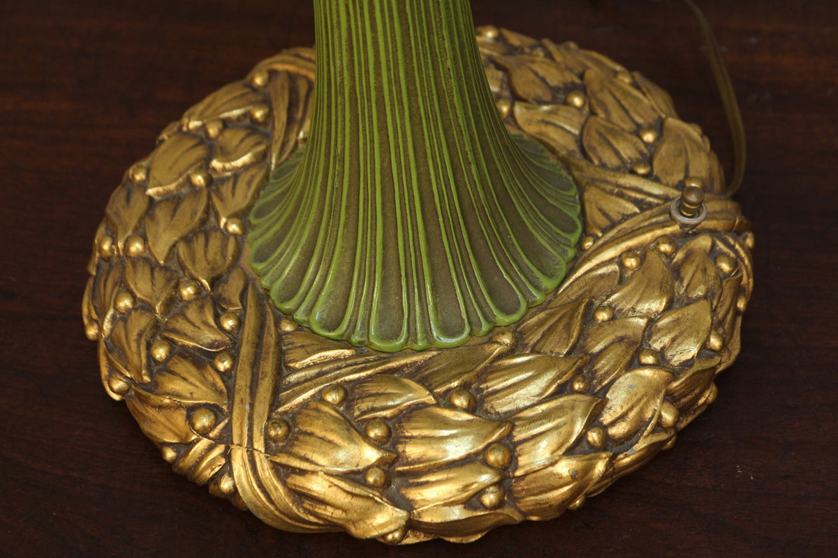 Tall Ornate Brass & Green Table Lamp