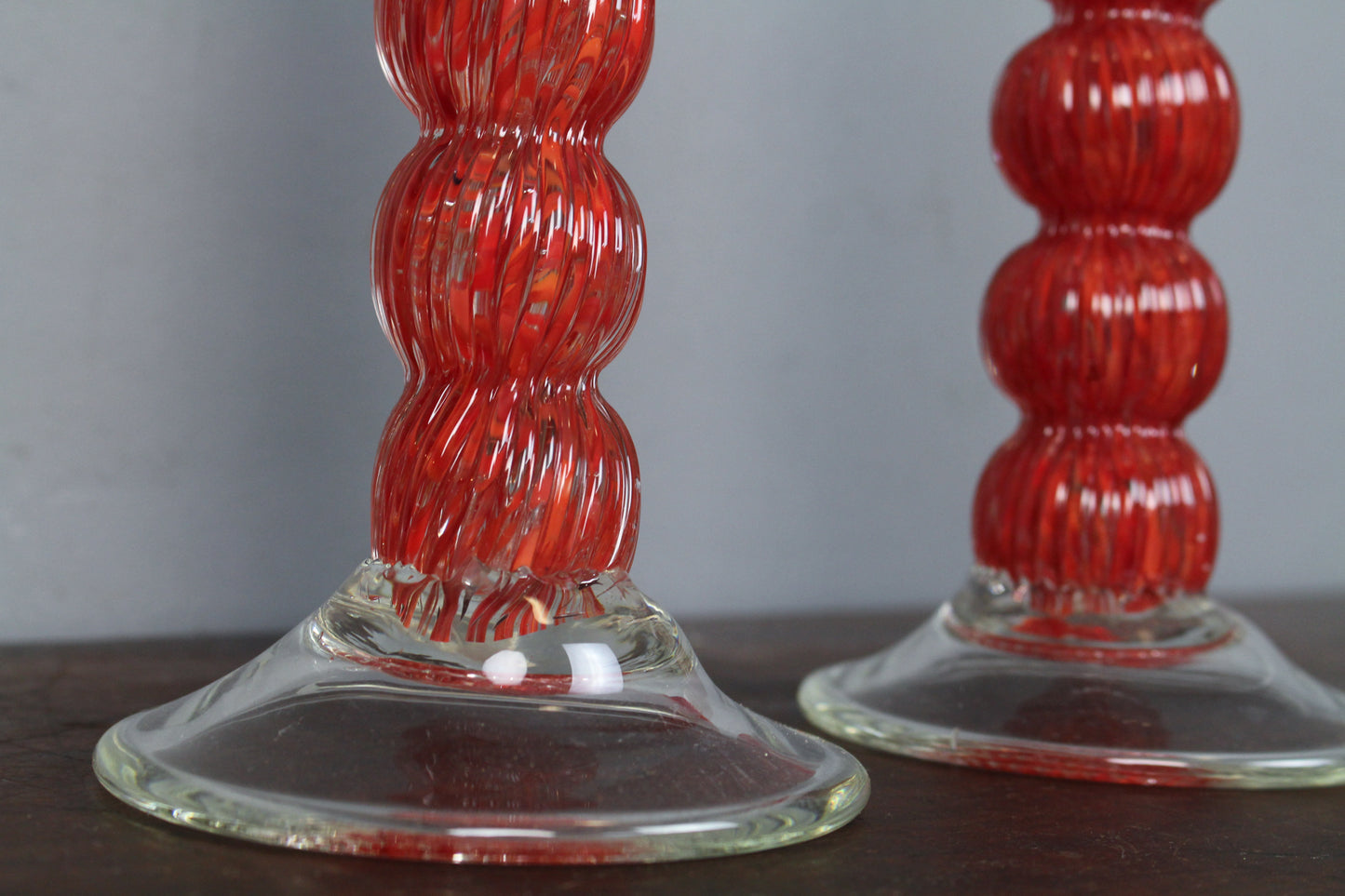 Pair Of Tall Red Glass Candlesticks