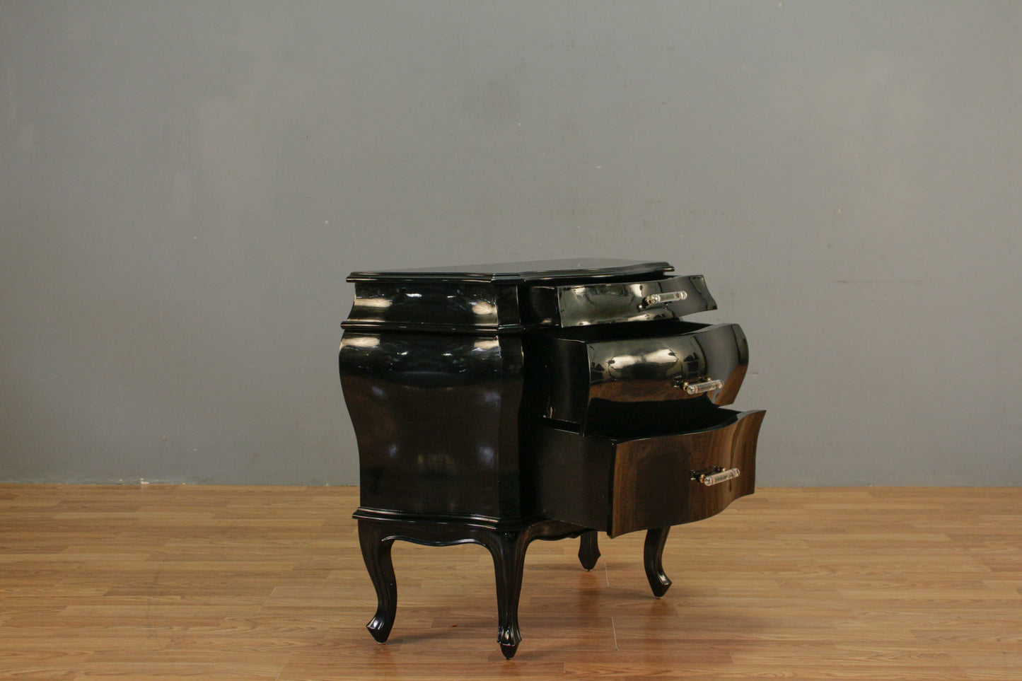 Black Lacquer Bombe 3-Drawer Chest