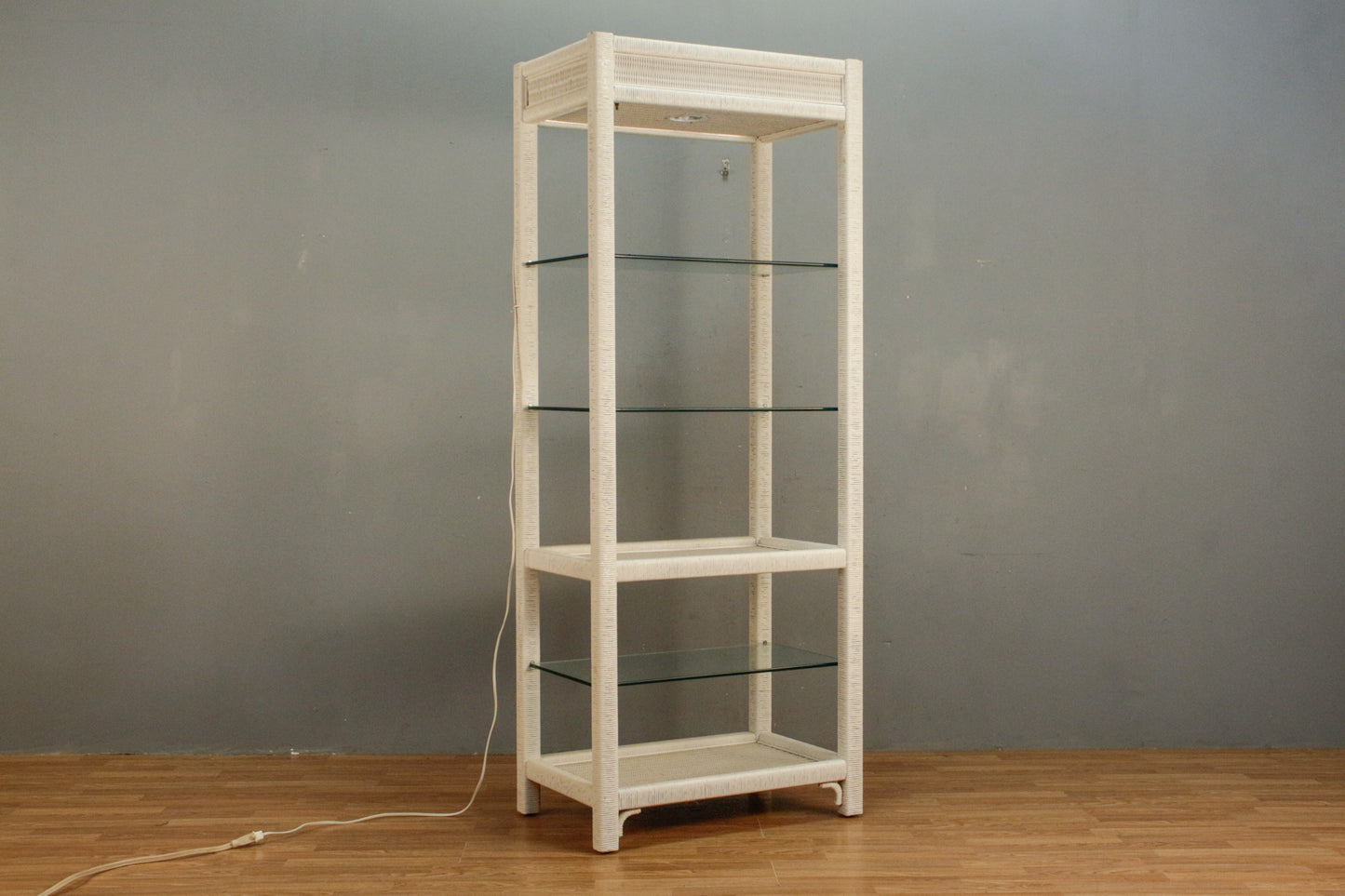 White Wicker & Glass Illuminated Etagere