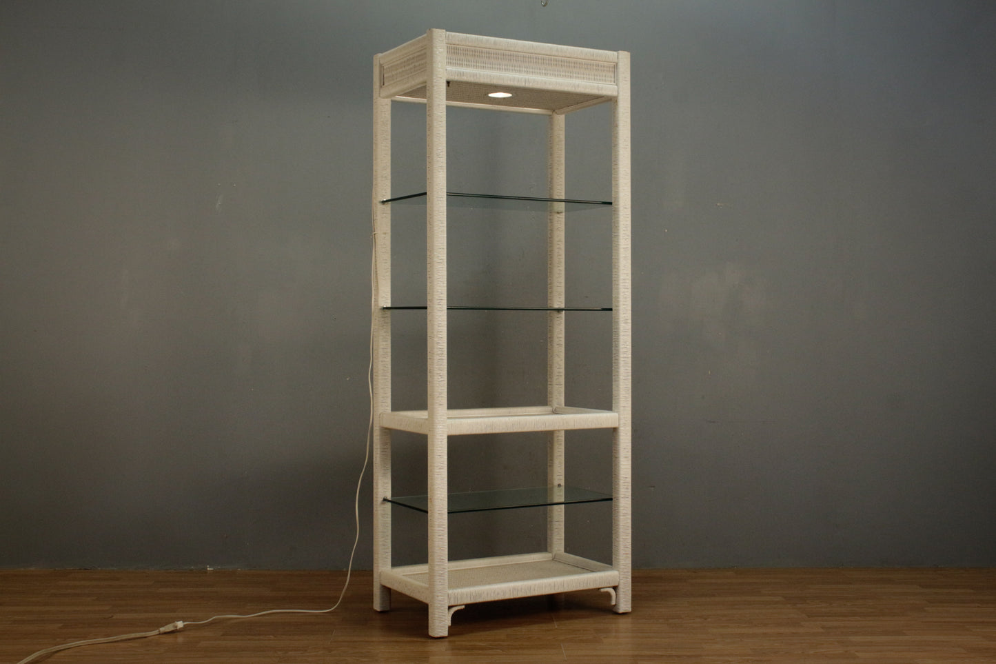 White Wicker & Glass Illuminated Etagere