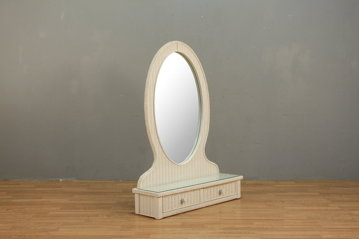 White Wicker & Glass 2-Drawer Vanity Mirror