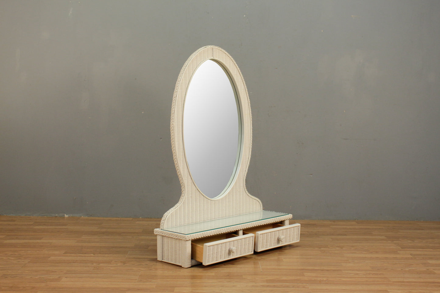 White Wicker & Glass 2-Drawer Vanity Mirror