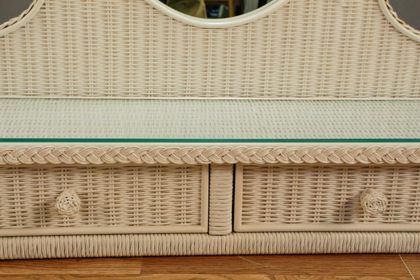 White Wicker & Glass 2-Drawer Vanity Mirror