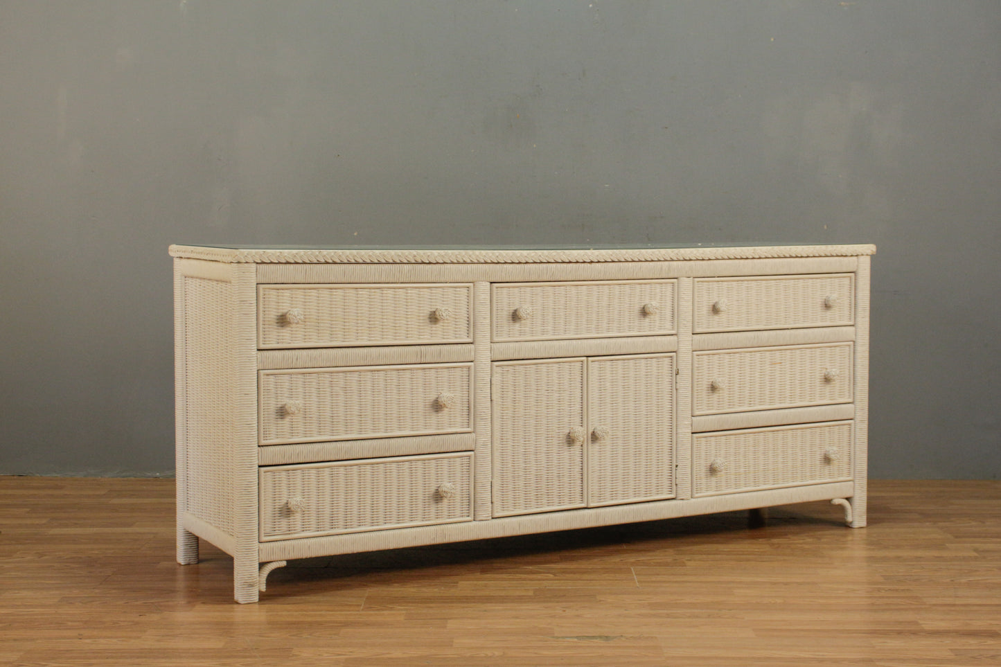 White Wicker & Glass 9-Drawer Credenza