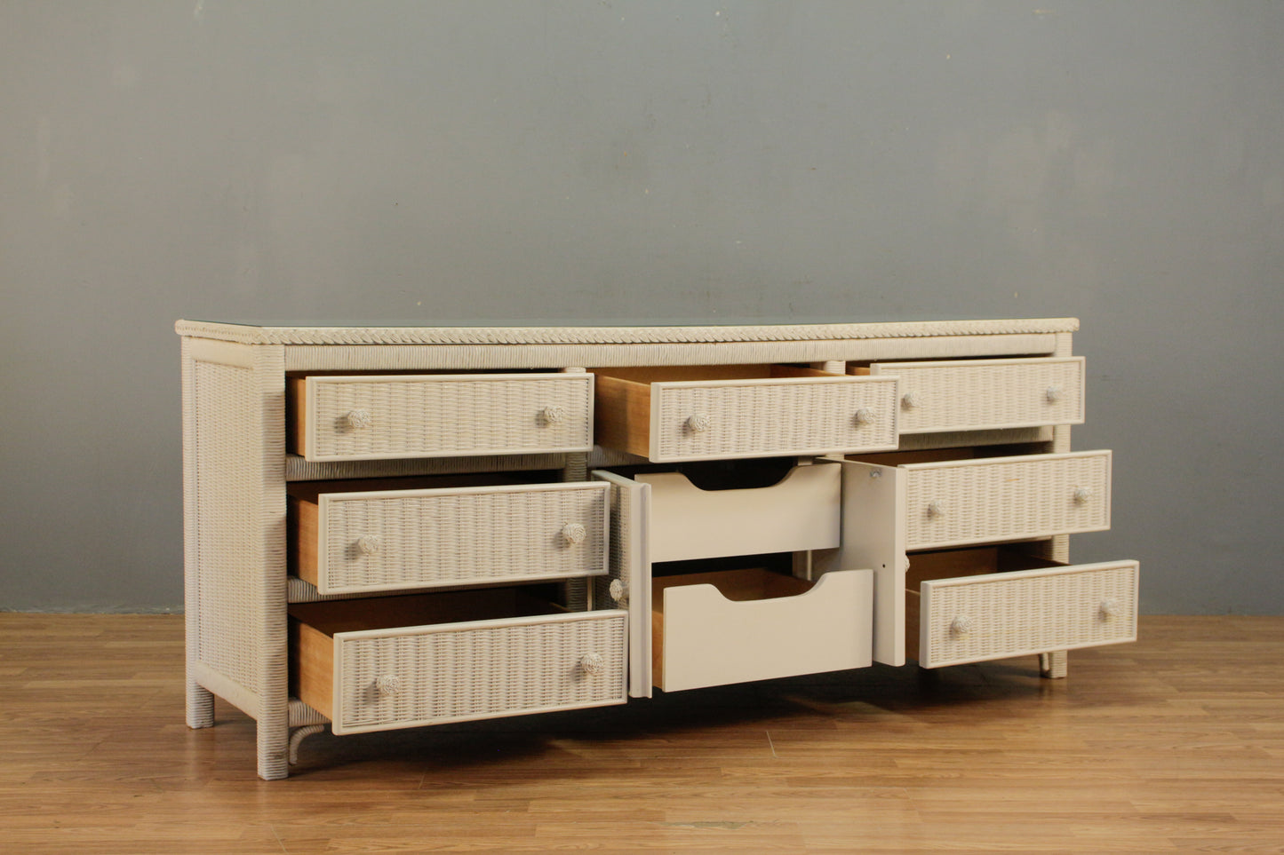 White Wicker & Glass 9-Drawer Credenza