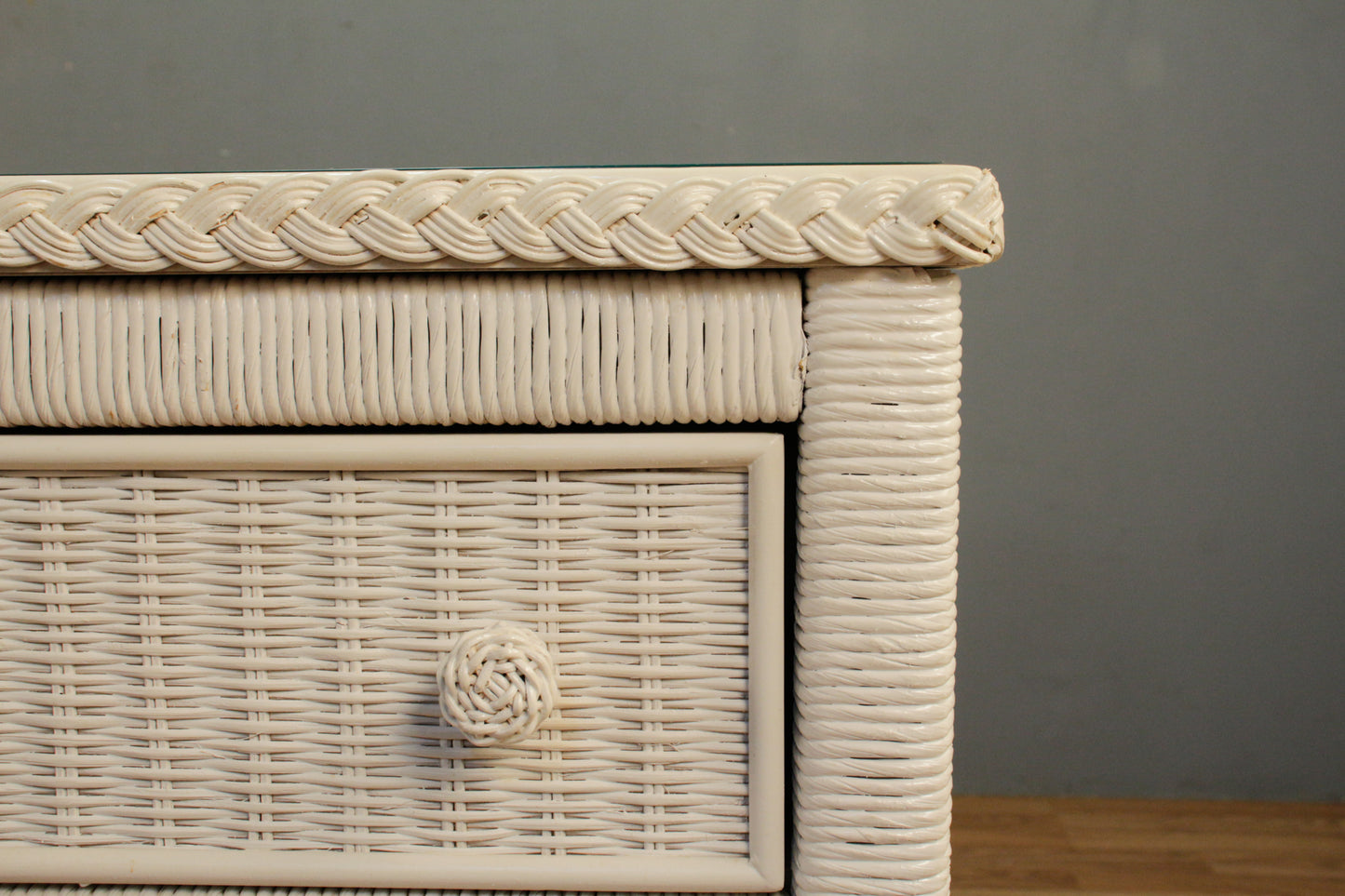 White Wicker & Glass 9-Drawer Credenza