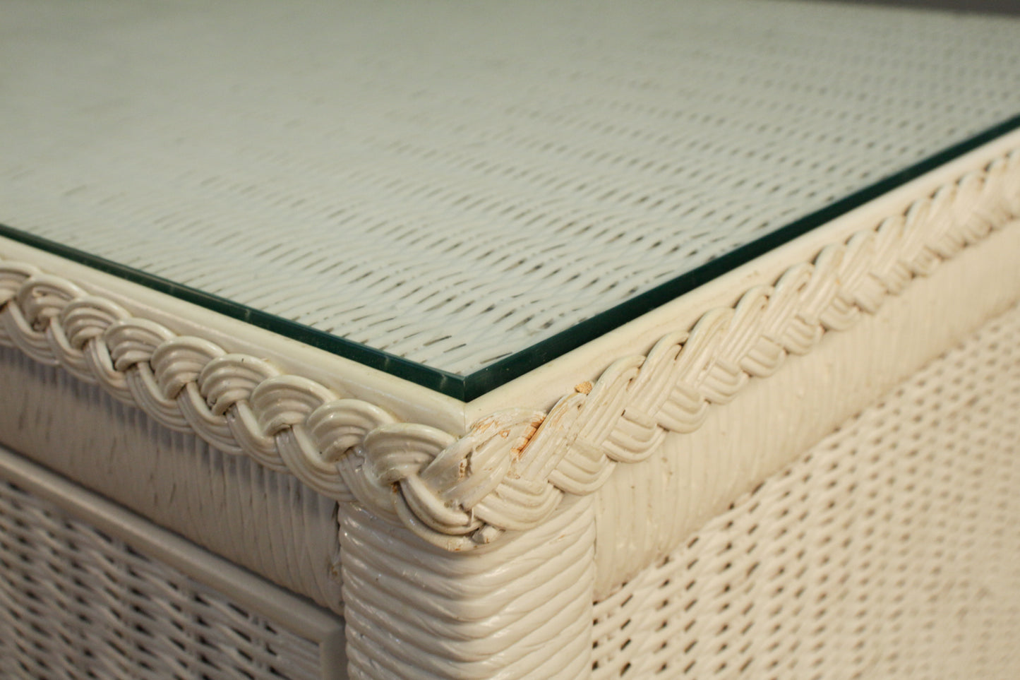 White Wicker & Glass 9-Drawer Credenza