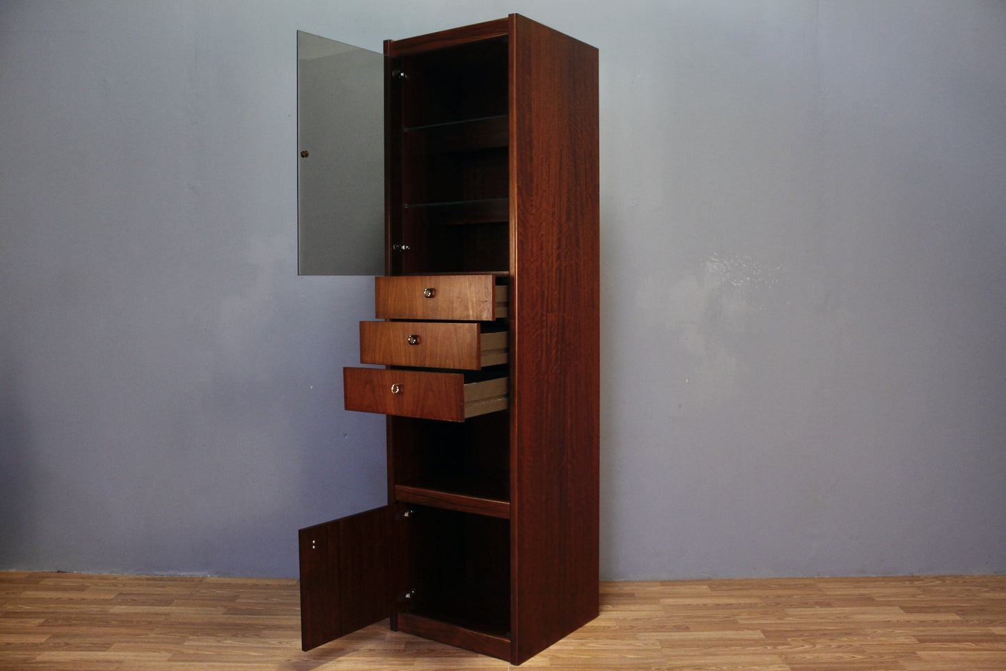Slim Rosewood Illuminated 3-Drawer Wall Unit