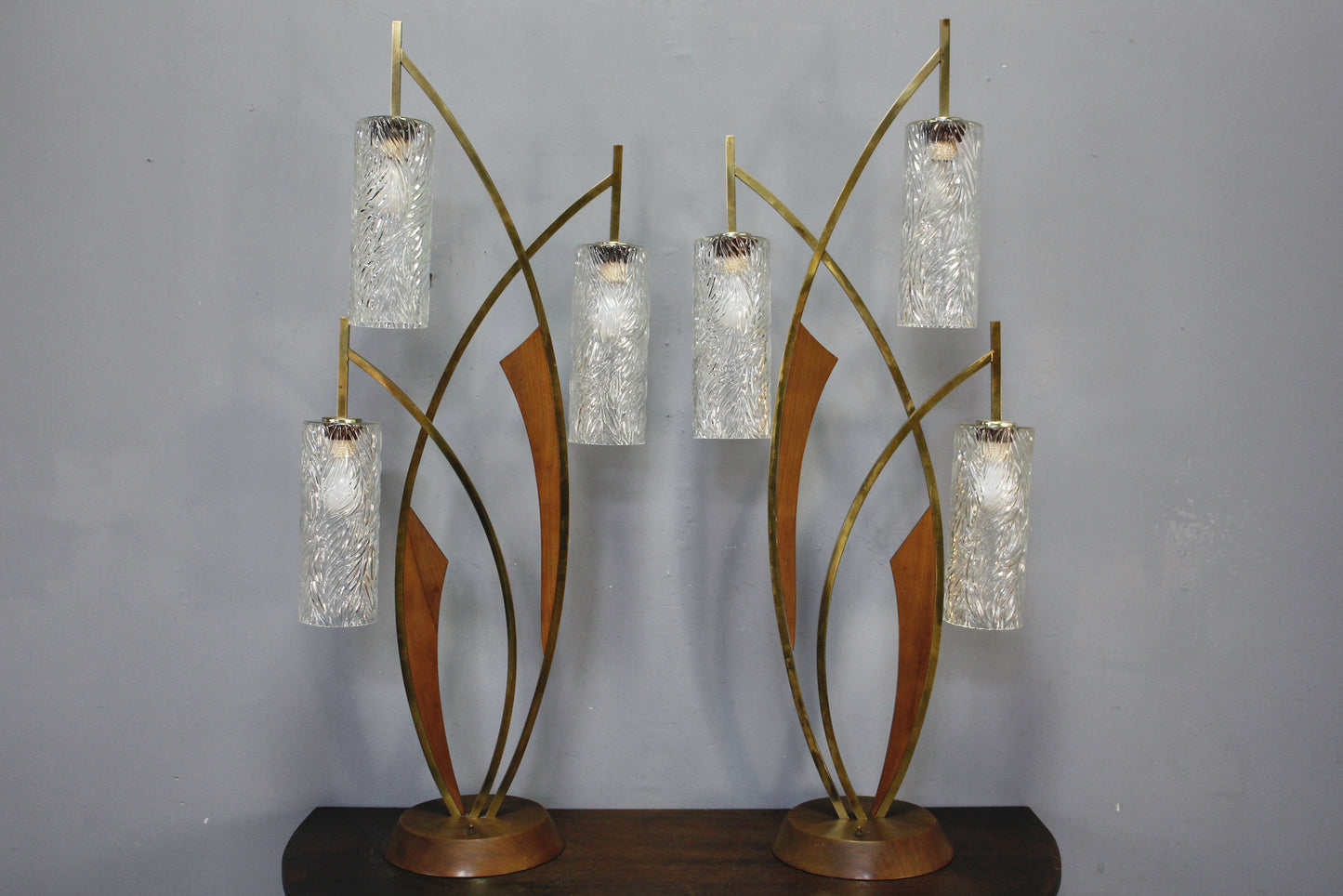 Tall Mid Century Walnut & Brass Table Lamp