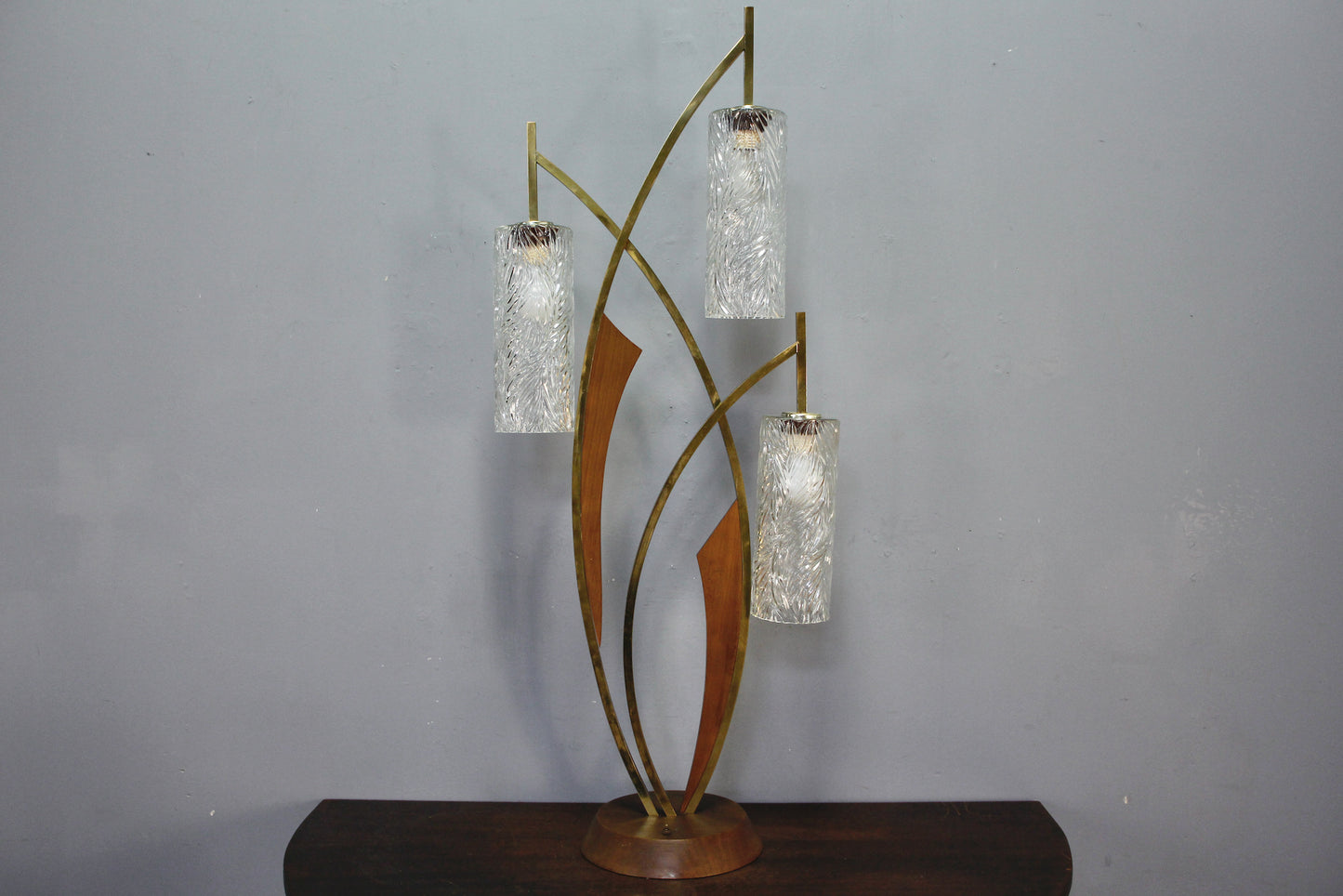 Tall Mid Century Walnut & Brass Table Lamp
