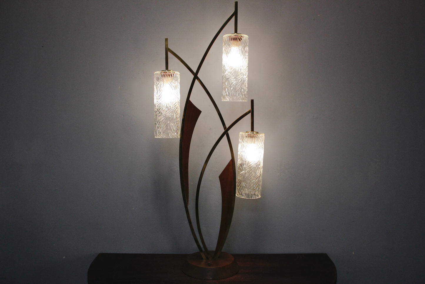 Tall Mid Century Walnut & Brass Table Lamp
