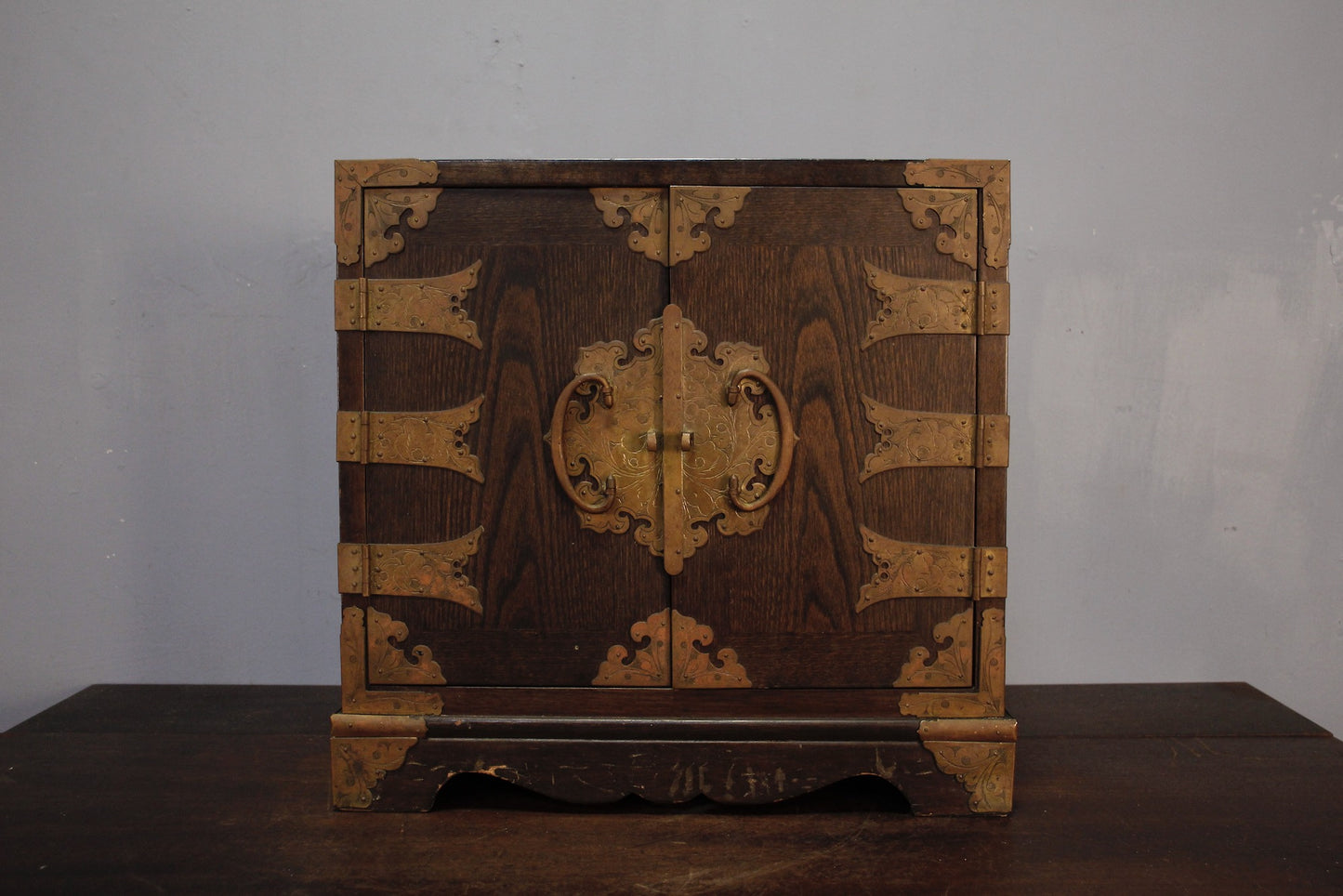 Chinese Ornate Brass & Oak Organizer