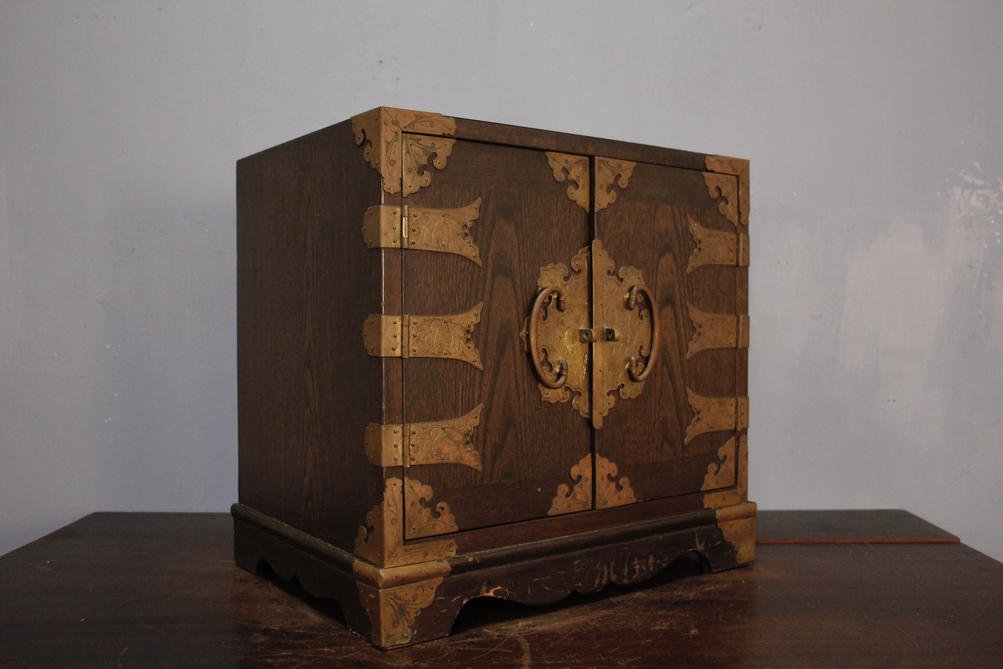 Chinese Ornate Brass & Oak Organizer