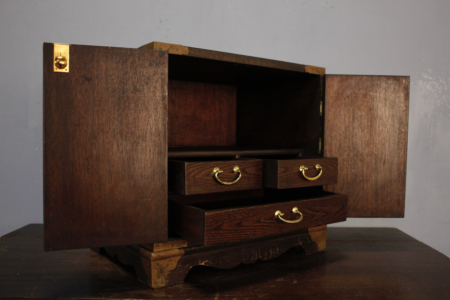 Chinese Ornate Brass & Oak Organizer