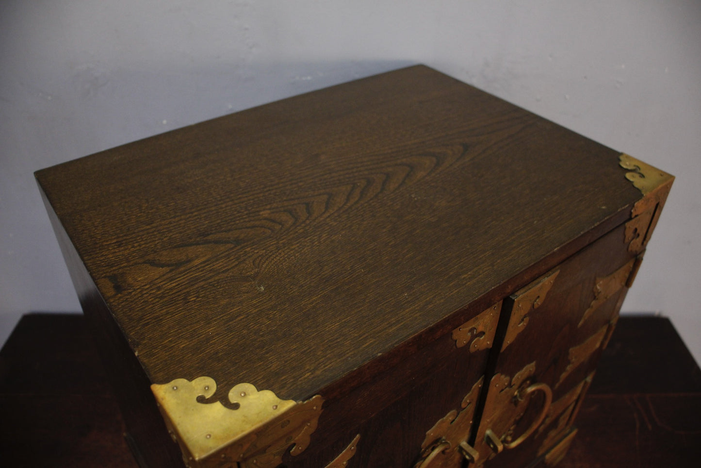 Chinese Ornate Brass & Oak Organizer