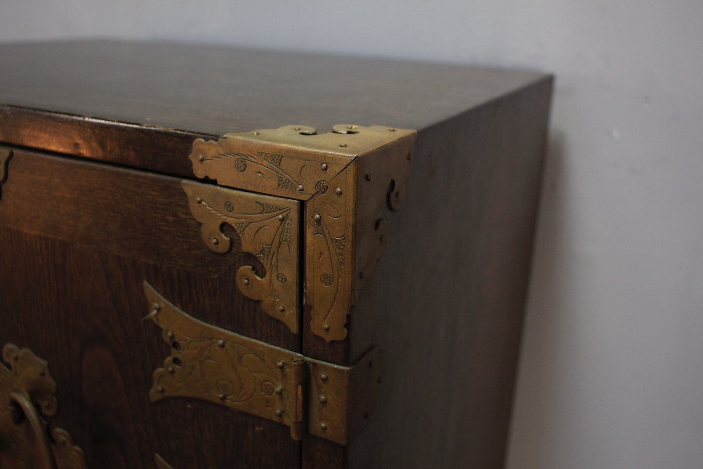 Chinese Ornate Brass & Oak Organizer