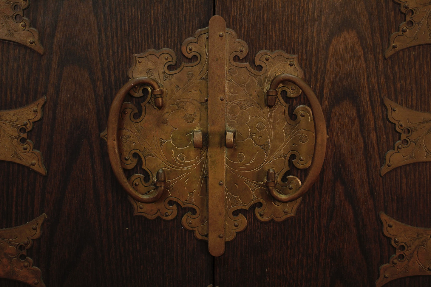 Chinese Ornate Brass & Oak Organizer