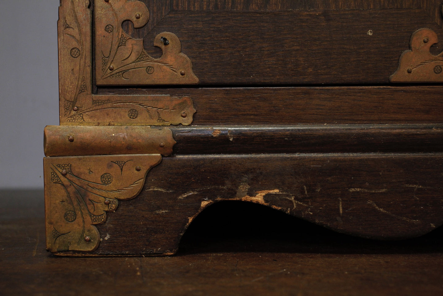 Chinese Ornate Brass & Oak Organizer