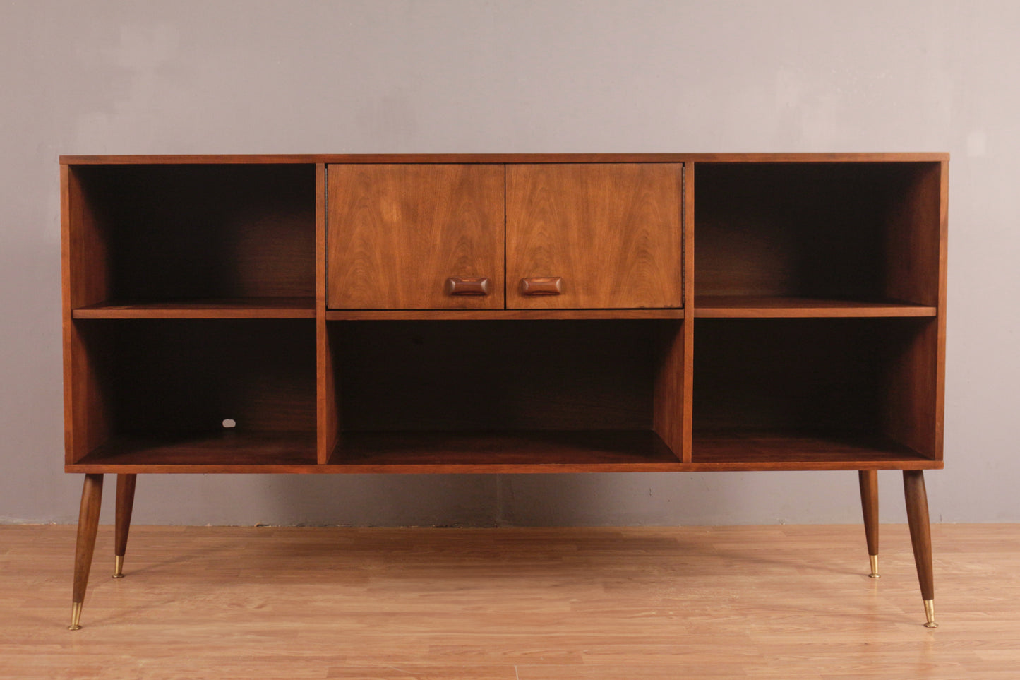 Mid Century Walnut Open Shelf Credenza