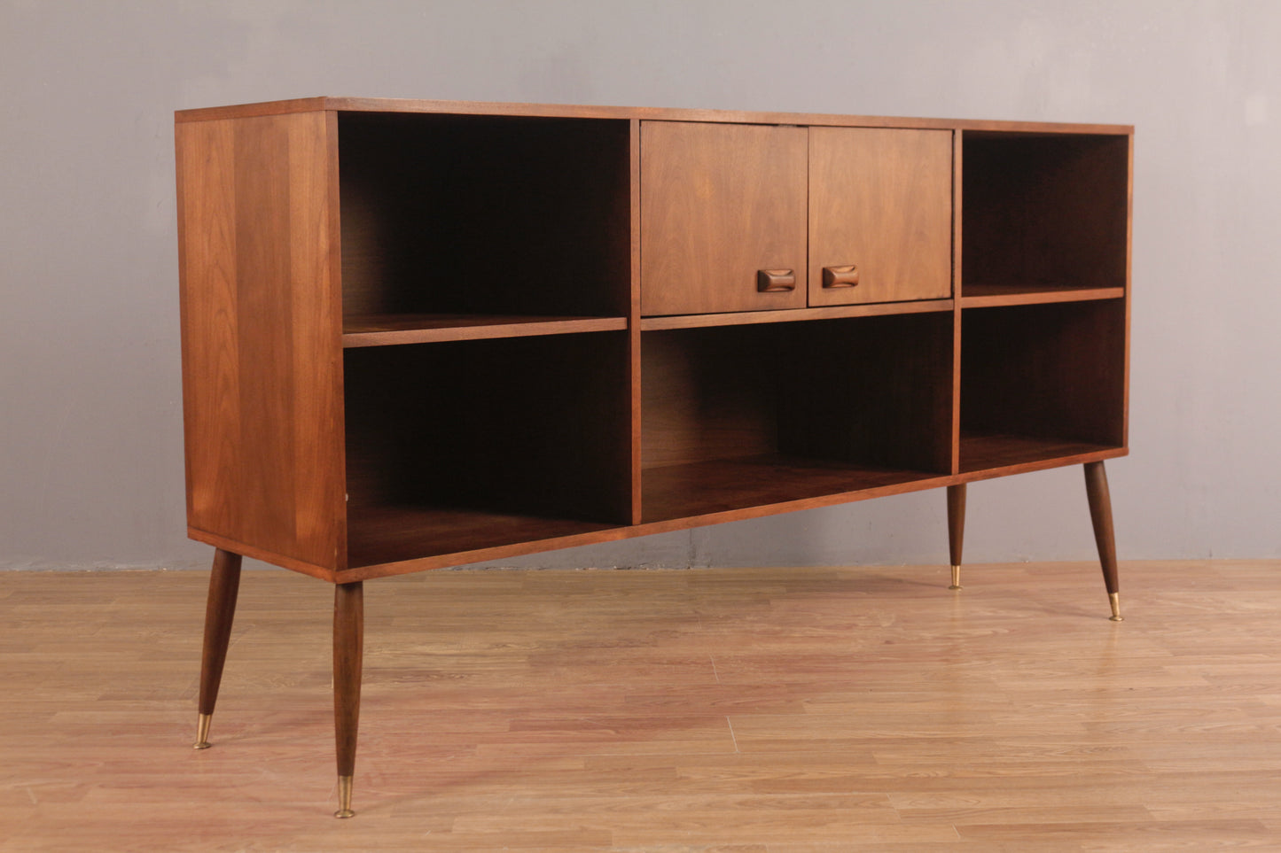 Mid Century Walnut Open Shelf Credenza