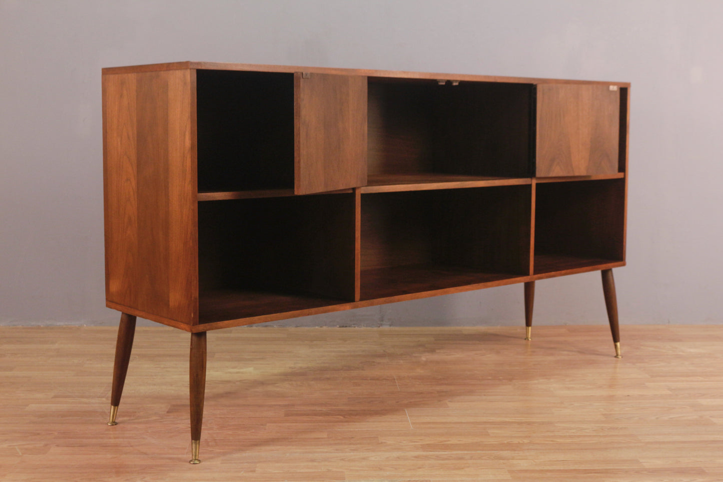 Mid Century Walnut Open Shelf Credenza