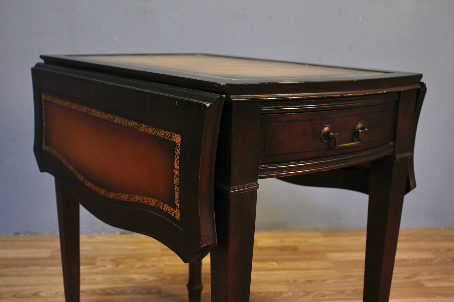 Dark Wood & Leather Inlaid Drop-Leaf End Table