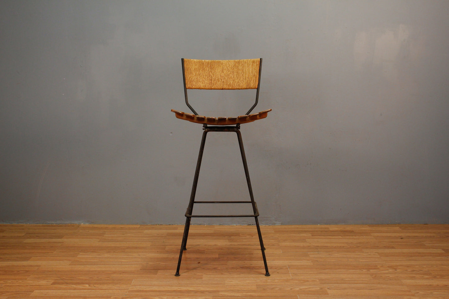 Mid Century Umanoff-Style Woven & Iron Bar Stool