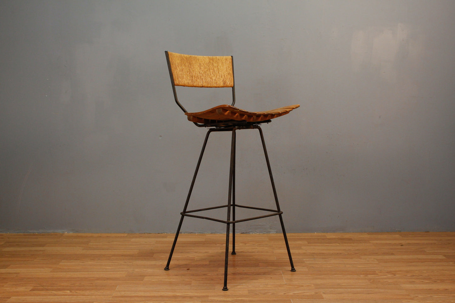 Mid Century Umanoff-Style Woven & Iron Bar Stool