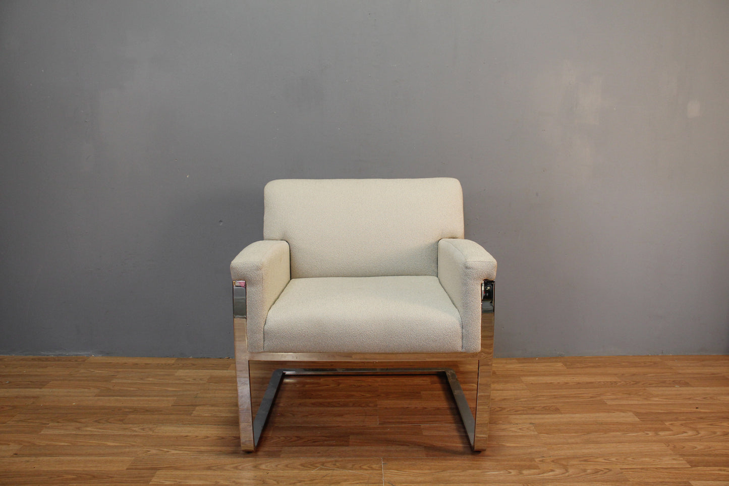Modern Ivory Boucle & Steel Cantilever Chair