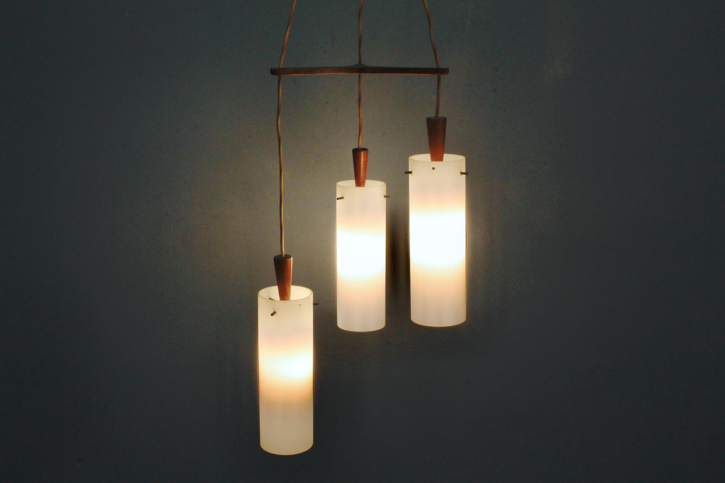 Mid Century Walnut & Frosted Glass Chandelier - ONLINE ONLY