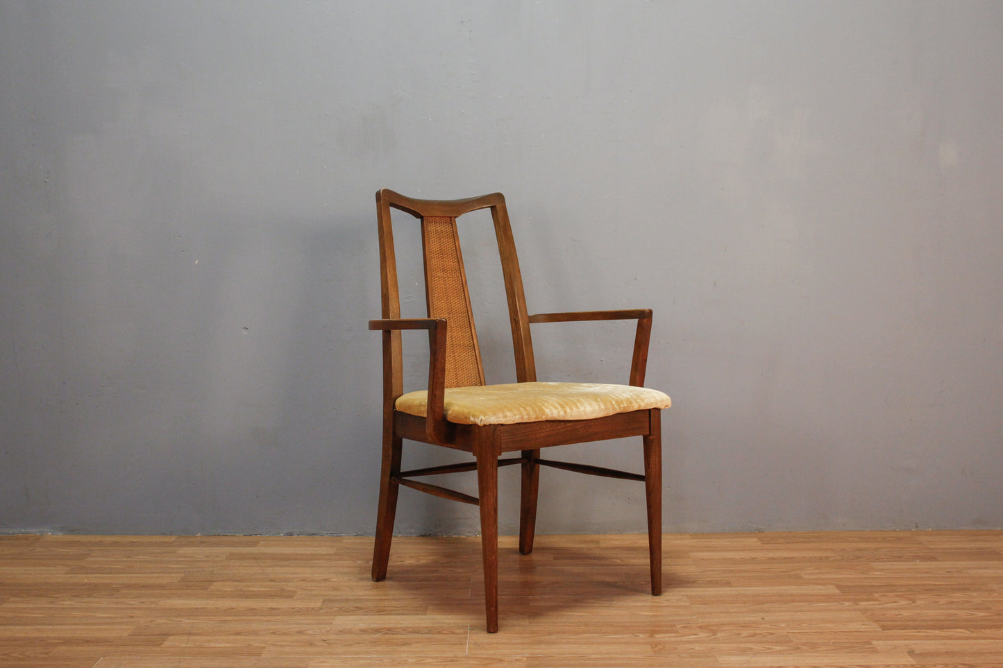 Mid Century Walnut & Champagne Armchair
