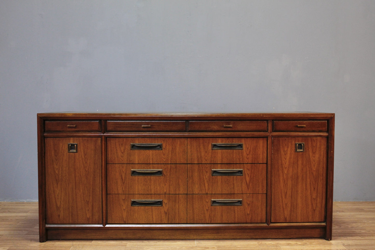 Mid Century Speckled Walnut 6-Drawer Credenza