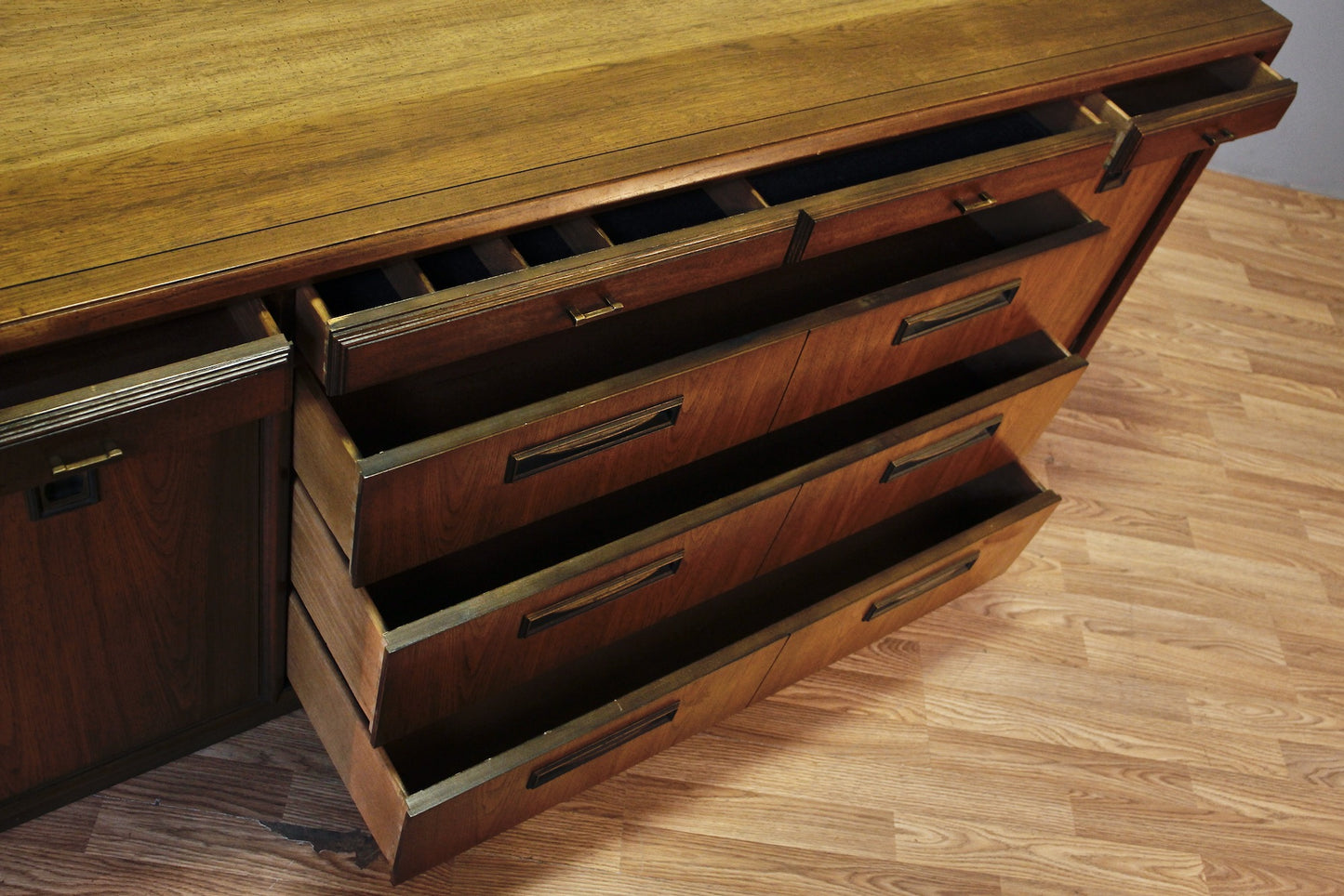 Mid Century Speckled Walnut 6-Drawer Credenza