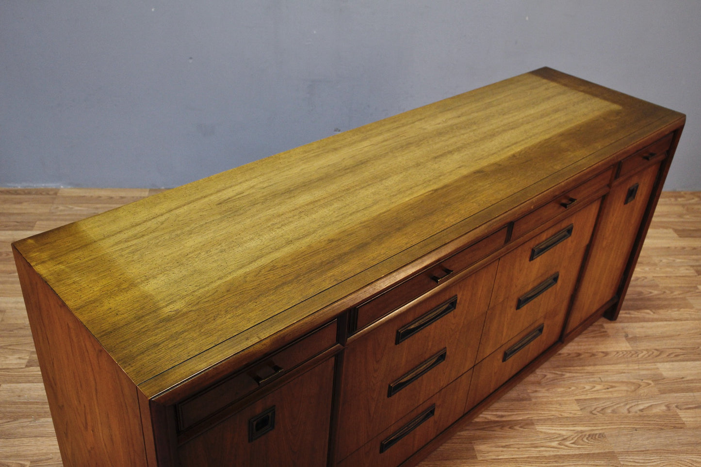 Mid Century Speckled Walnut 6-Drawer Credenza